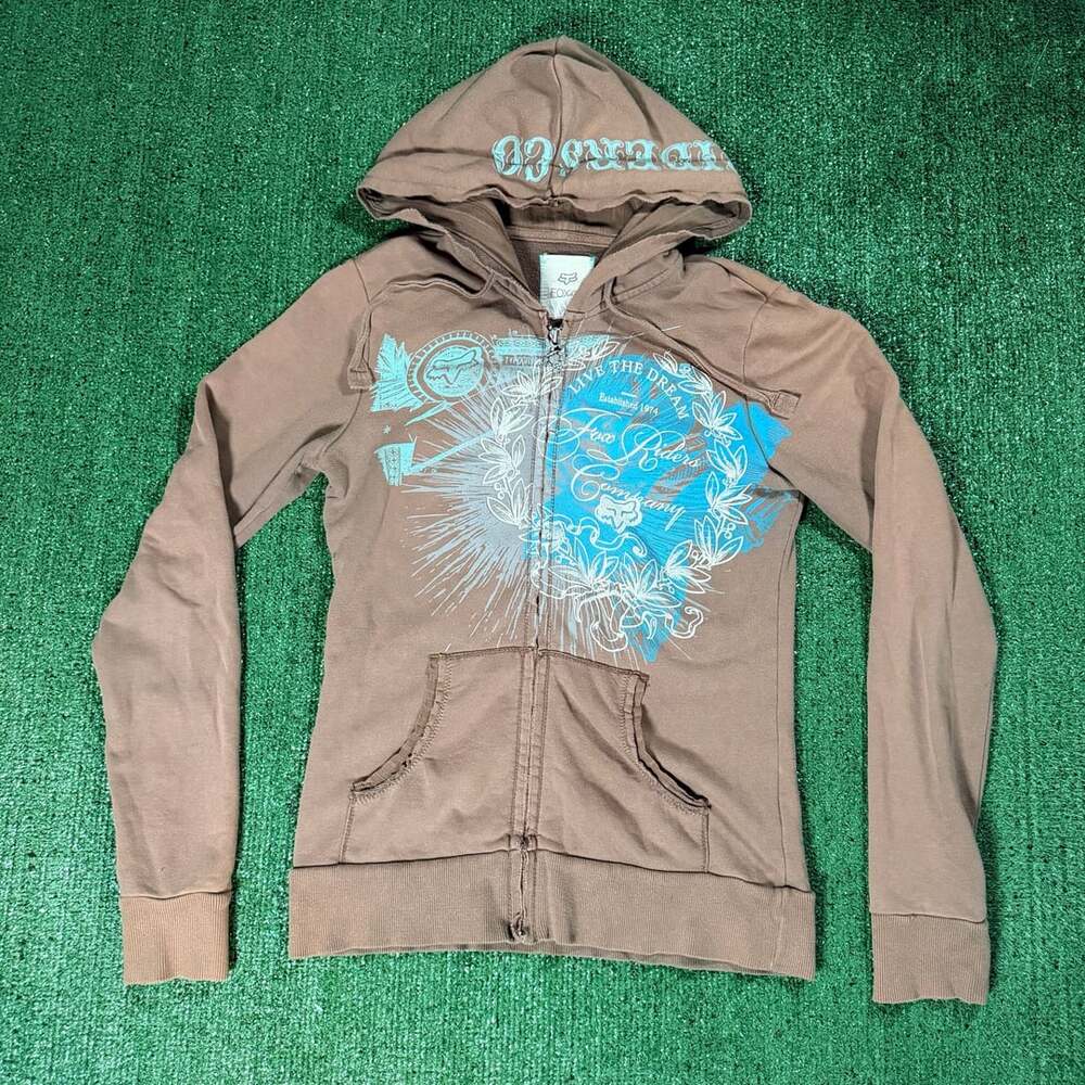 Y2K Womens Fox Girls Brown Zip Up Hoodie Size Large Live The Dream Graphic